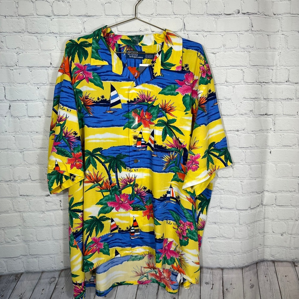 NEW‎ Polo Ralph Lauren Mens 2XB Tropical Island Print Camp Shirt Yellow Viscose